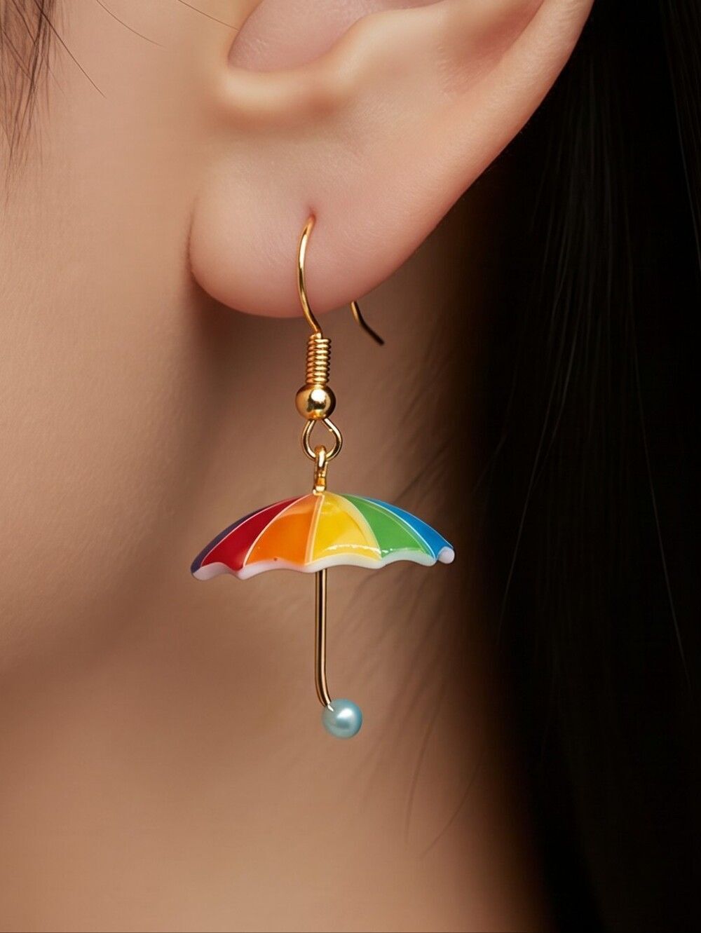 Colorful Umbrella Earrings Gold Dangle Rainy Day Shiny Acrylic Pearl Casual New